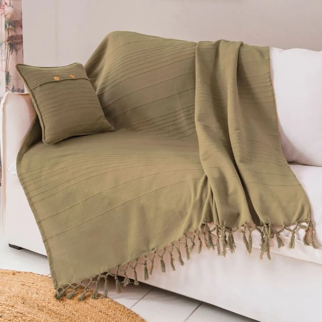 BecquetPlaid ou jeté de canapé uni en coton ORION- beige Ficelle