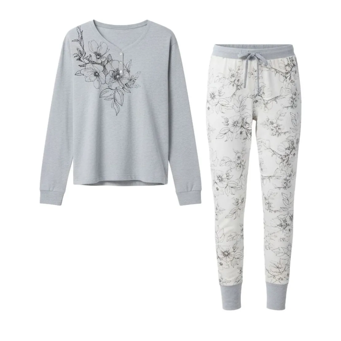 BecquetPyjama femme en coton motif fleurs DODO HOMEWEAR® - Gris