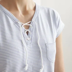 BecquetPyjama femme en coton rayures et voiliers VOILI - bleu denim
