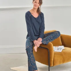 BecquetPyjama femme en coton LOUNA motif astral - bleu marine