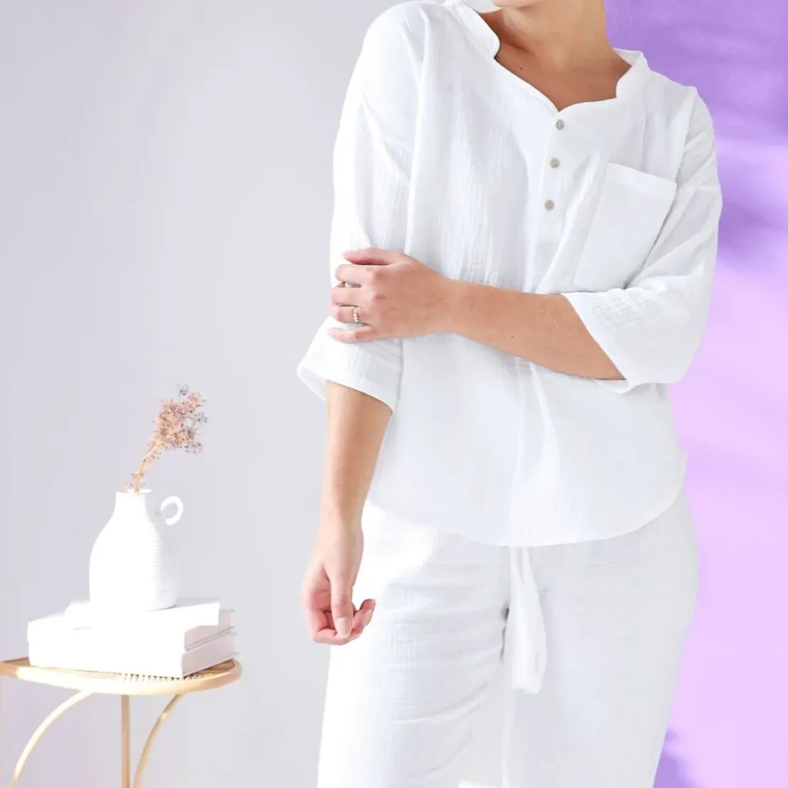 BecquetPyjama femme en gaze de coton GAZELONG blanc
