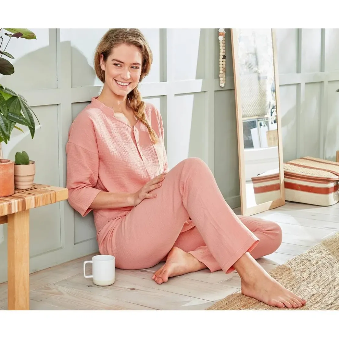 BecquetPyjama femme en gaze de coton GAZELONG rose clair