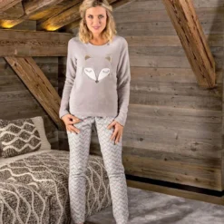 BecquetPyjama femme en polyester motif renard DODO HOMEWEAR - beige