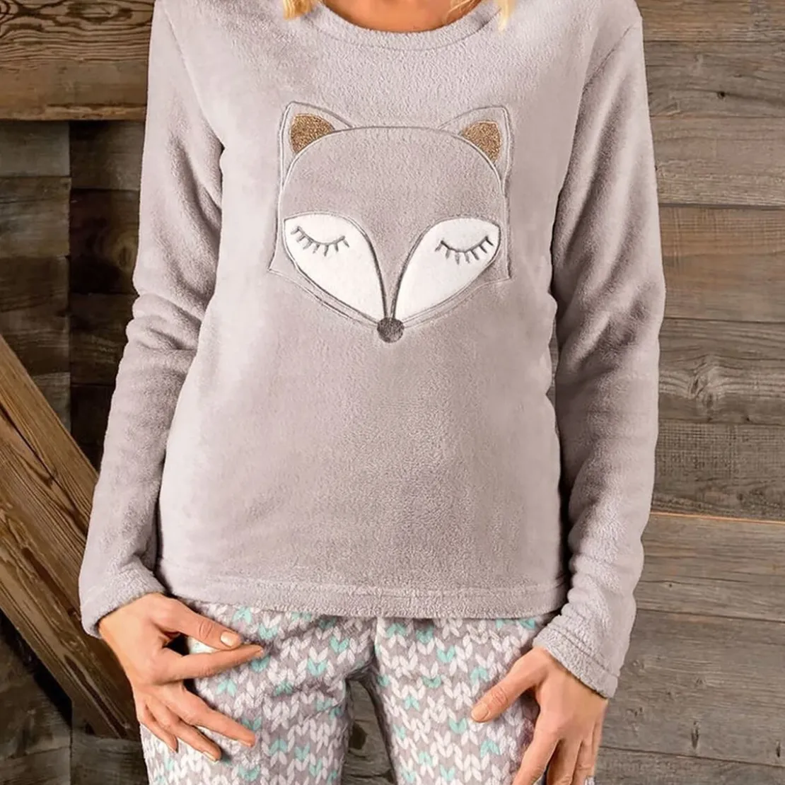 BecquetPyjama femme en polyester motif renard DODO HOMEWEAR - beige