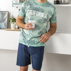 BecquetPyjama homme en coton bleu lagon motif tropical - WEST COAST