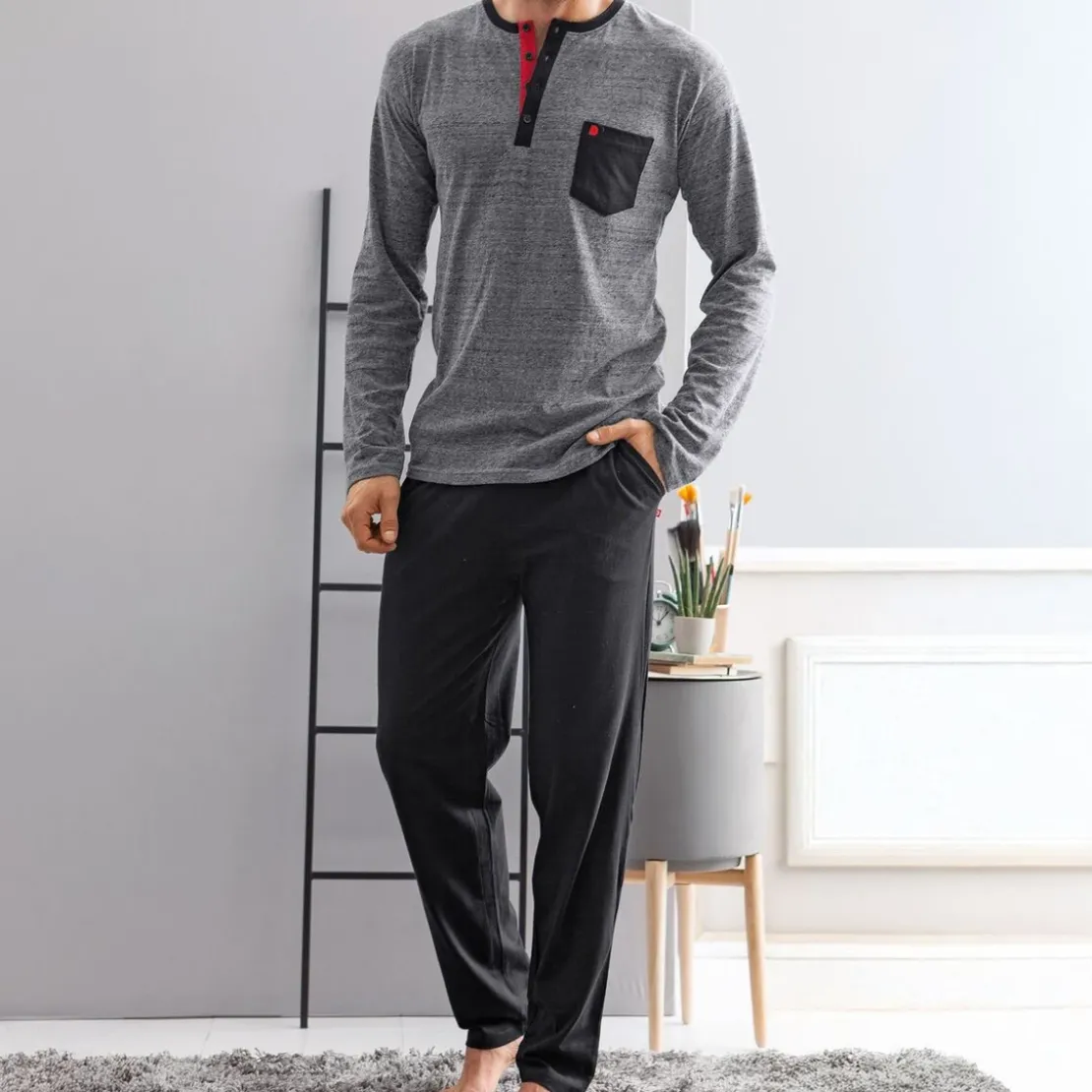 BecquetPyjama homme en coton gris chiné avec détails noirs - DODO Homewear