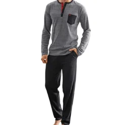 BecquetPyjama homme en coton gris chiné avec détails noirs - DODO Homewear