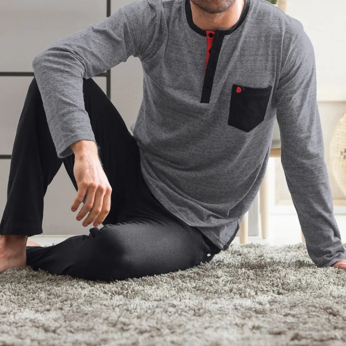 BecquetPyjama homme en coton gris chiné avec détails noirs - DODO Homewear