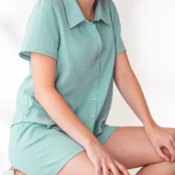BecquetPyjama short femme en gaze de coton - bleu vert