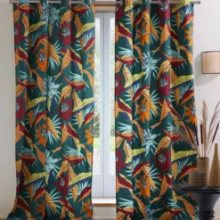 BecquetRideau en coton floral tropical, RID.DANDAJI L135xH260 bleu vert