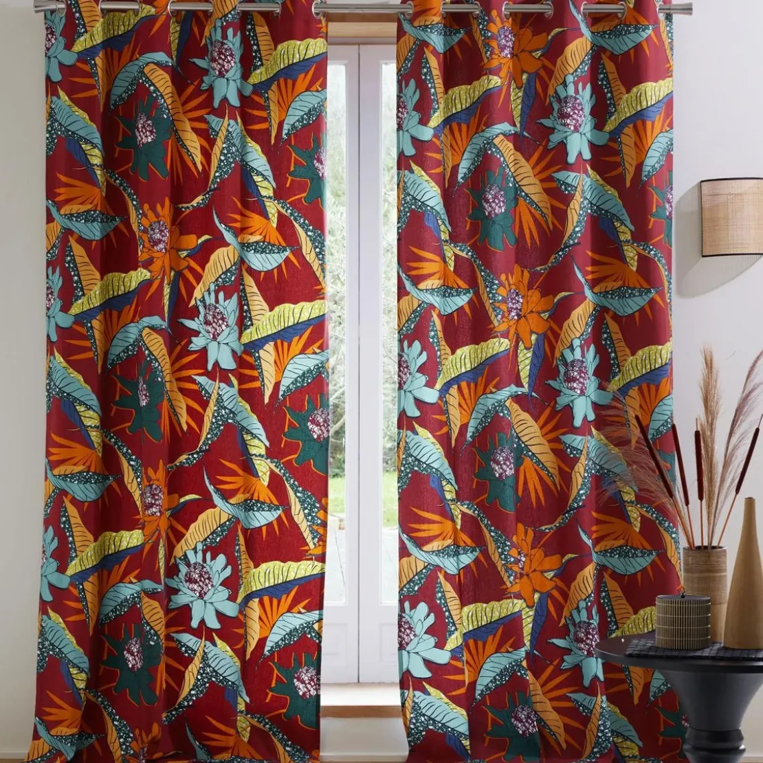 BecquetRideau en coton floral tropical, RID.DANDAJI L135xH260 terracotta