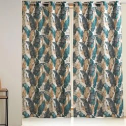 BecquetRideau en coton motifs feuilles Bleu CANNA