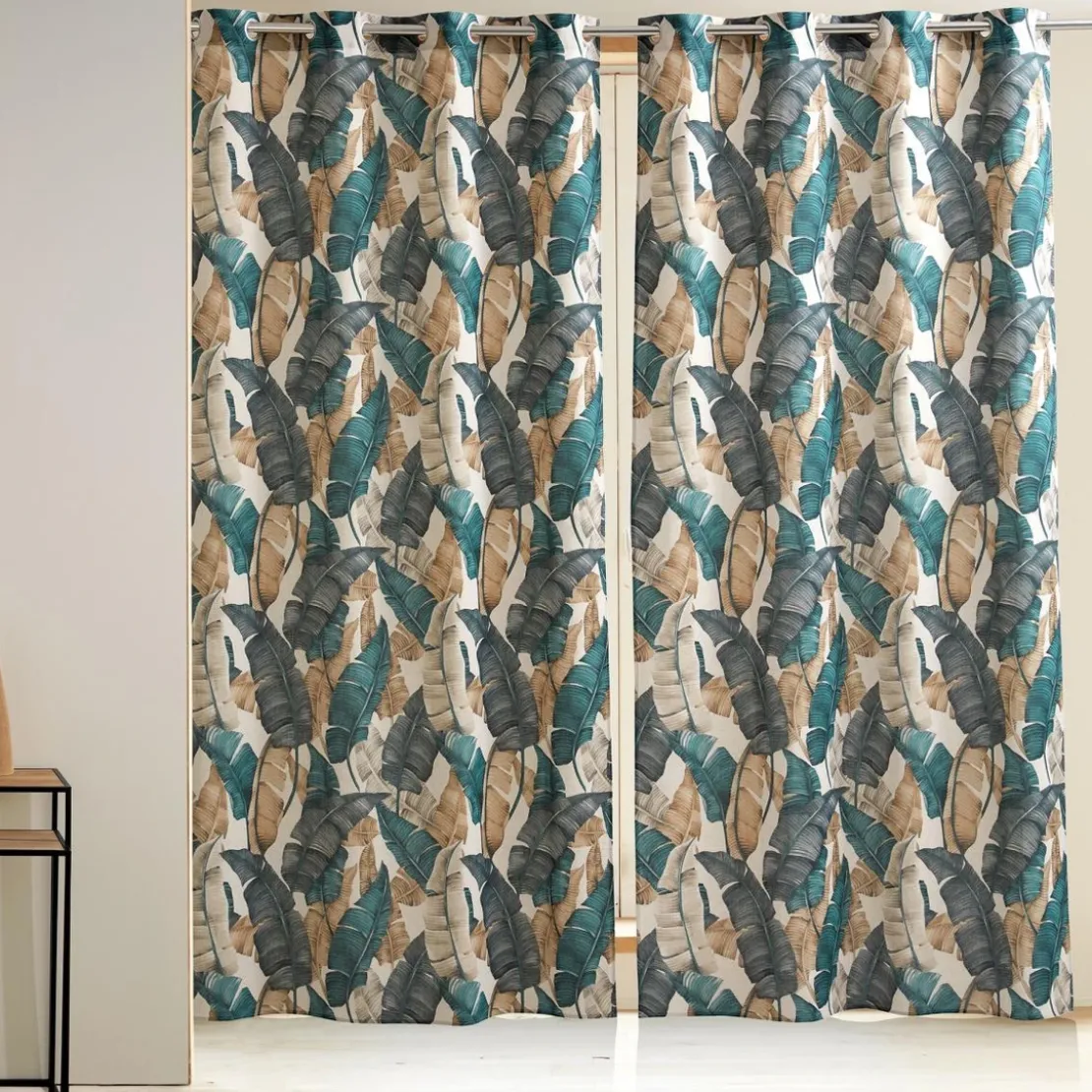 BecquetRideau en coton motifs feuilles Bleu CANNA
