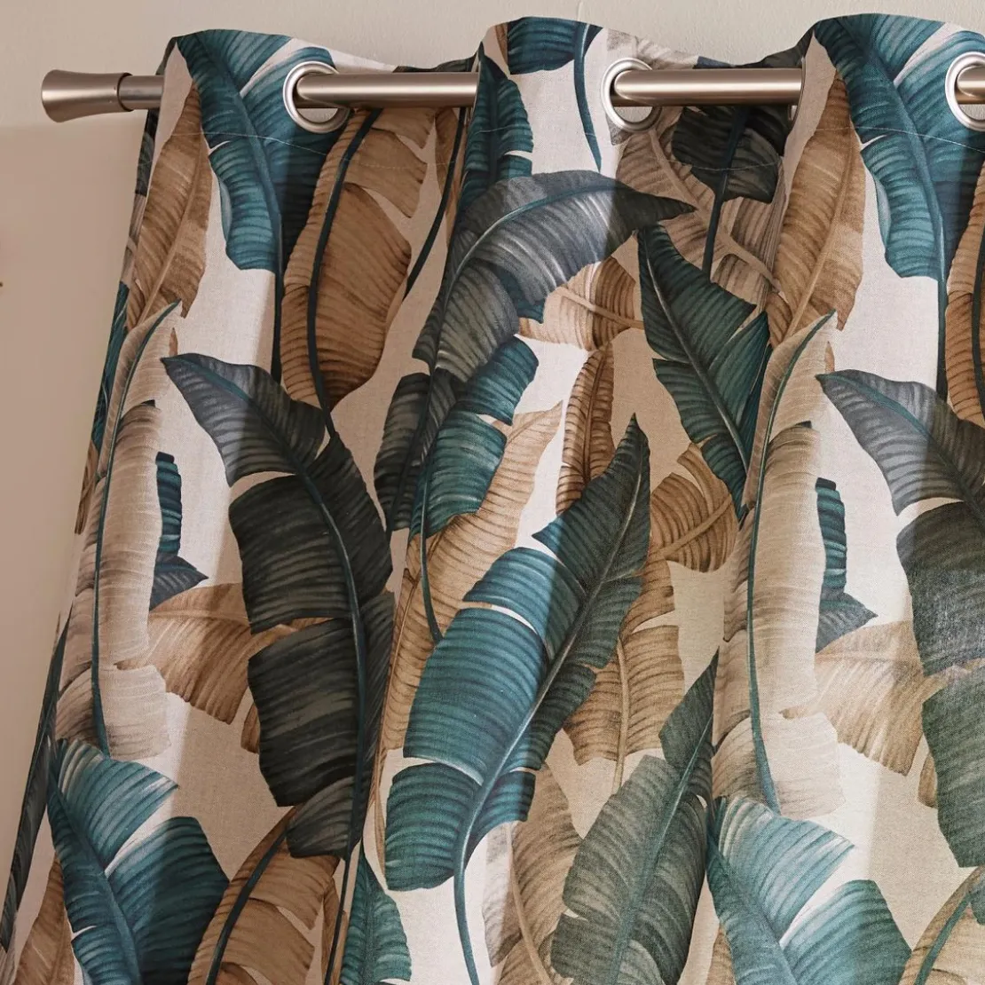 BecquetRideau en coton motifs feuilles Bleu CANNA