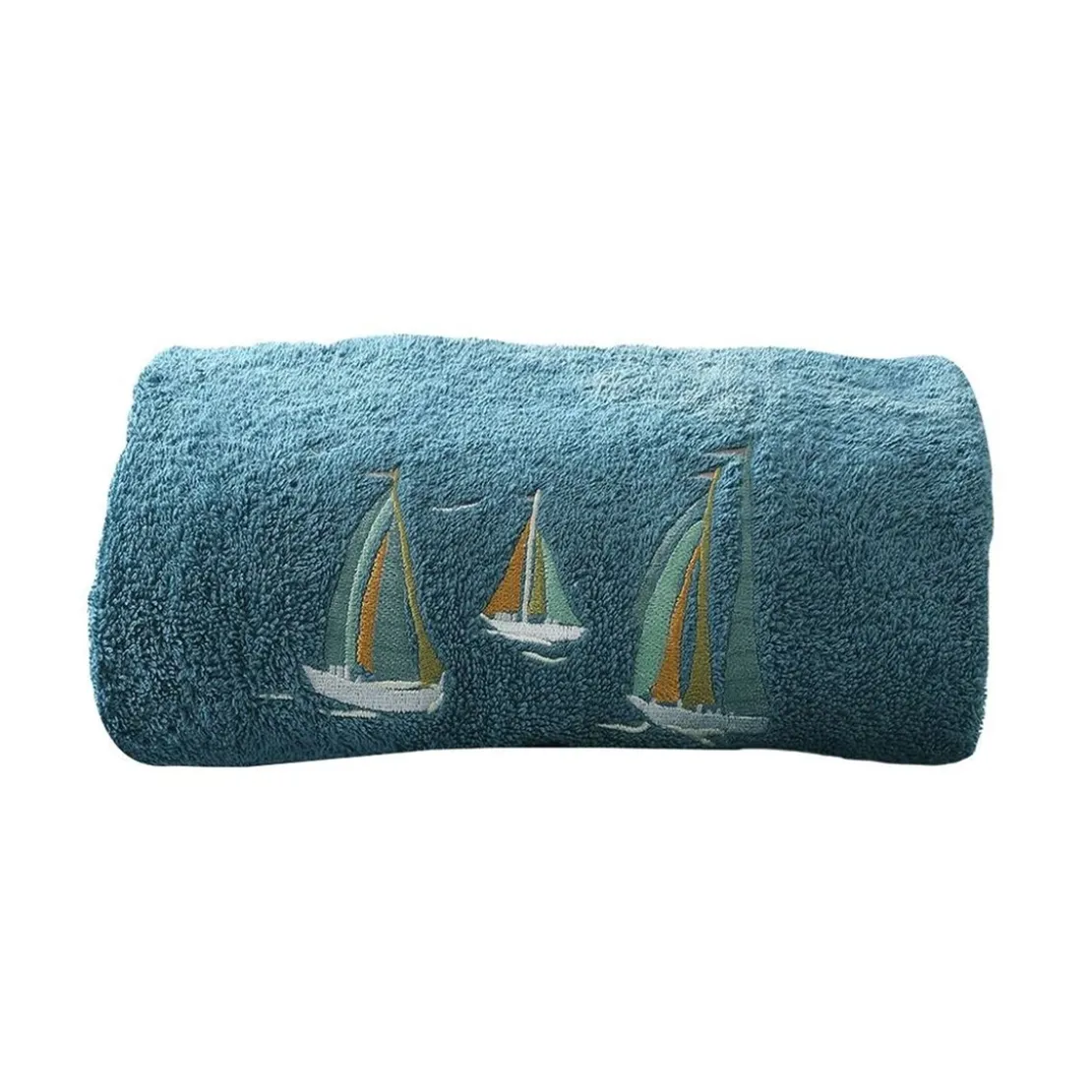 BecquetServiette de toilette en coton 450 g/m² brodés BATEAUXbleu paon