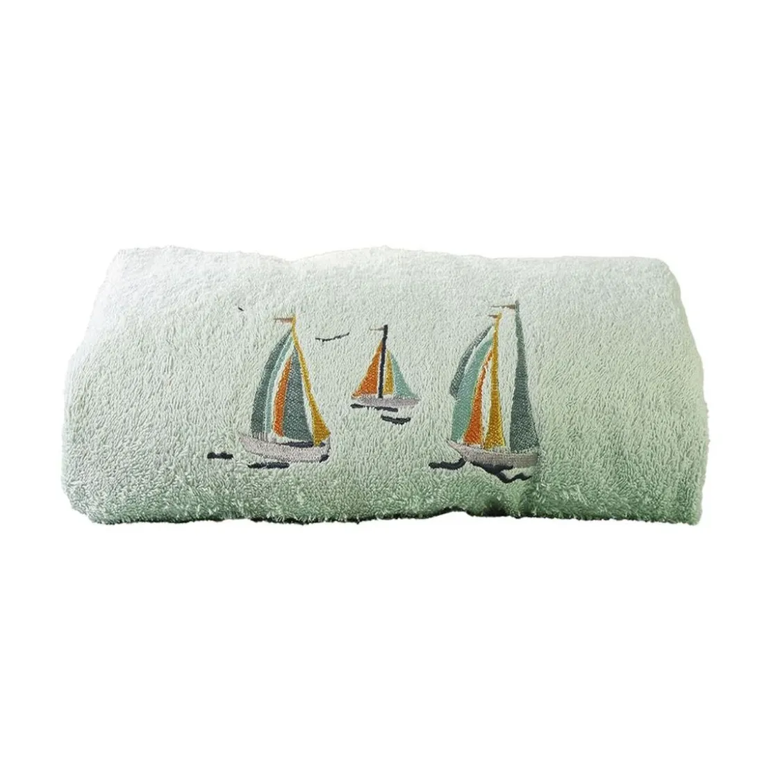 BecquetServiette de toilette en coton 450 g/m² brodés BATEAUX vert d'eau