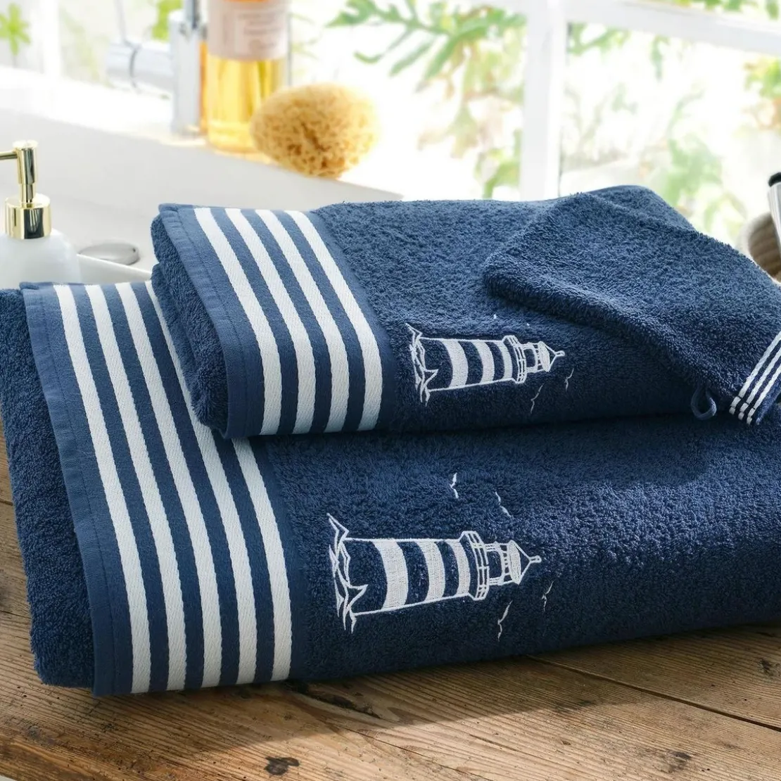 BecquetServiette de toilette et drap de bain bleu marine motif phare - PHARE