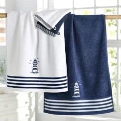BecquetServiette de toilette et drap de bain bleu marine motif phare - PHARE