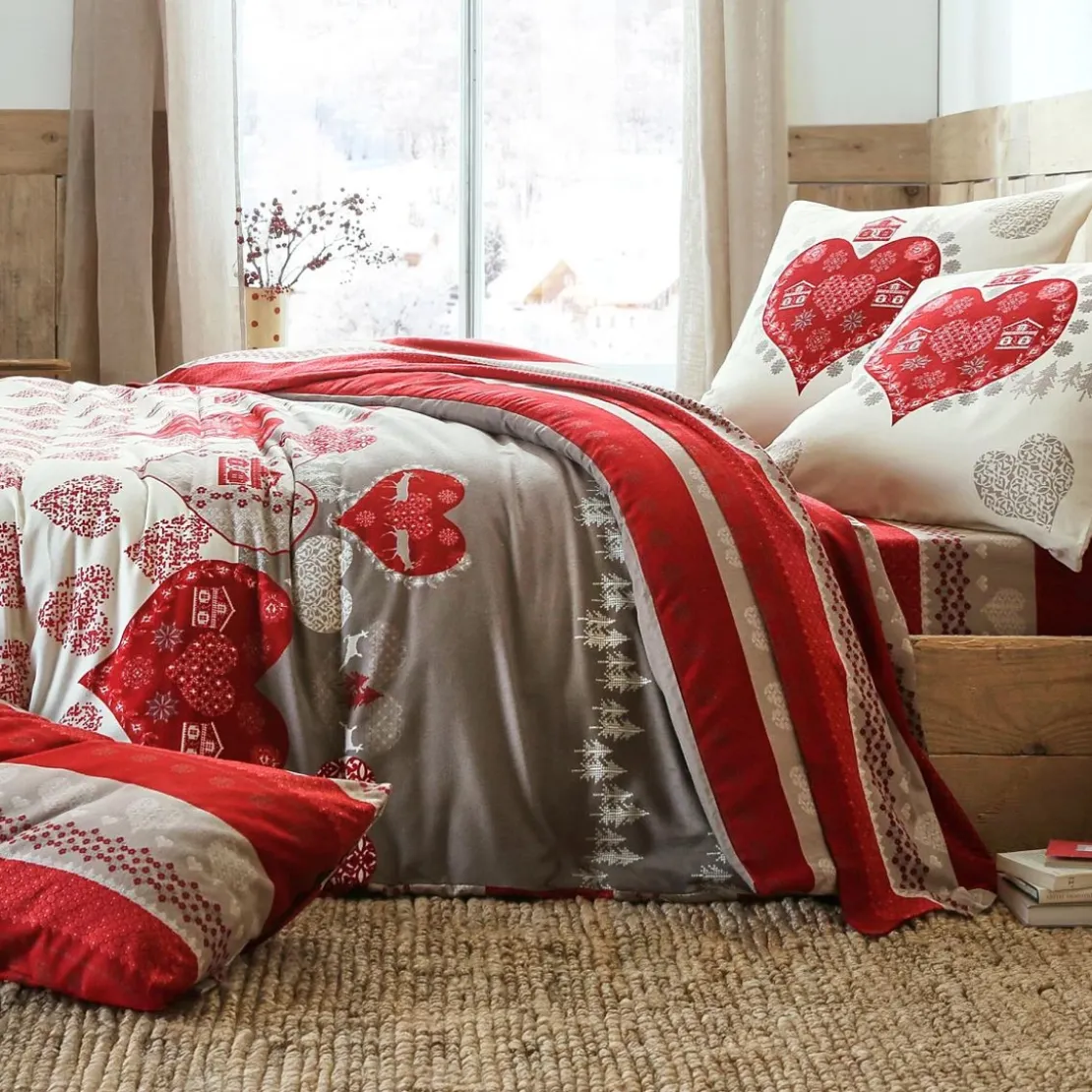 BecquetTaie de traversin coton rouge à motif placé écru - VALMOREL