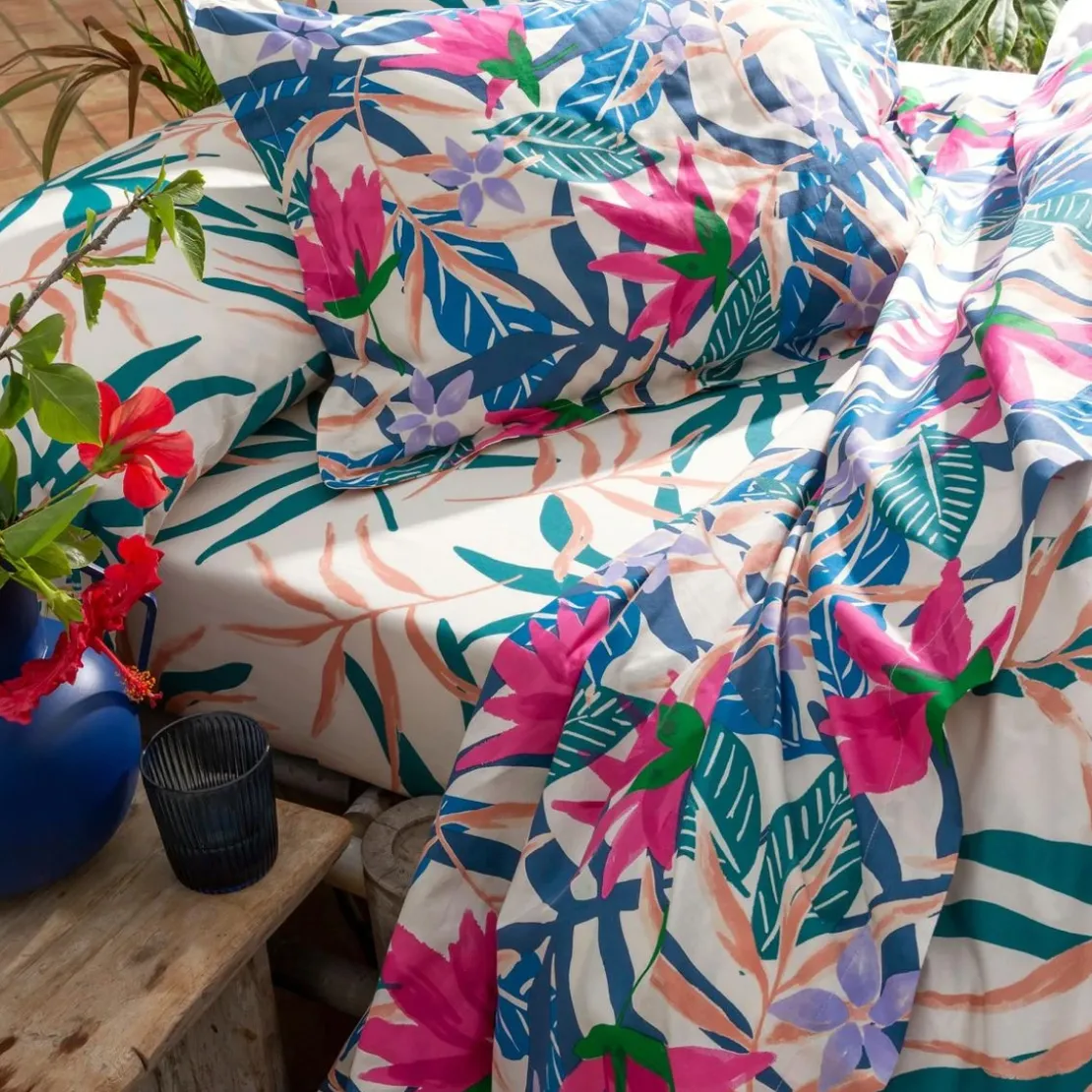 BecquetTaie de traversin coton écru tropical multicolore - VACANCES