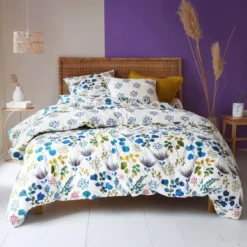 BecquetTaie de traversin en coton blanc cassé motif floral bleu - TANIA