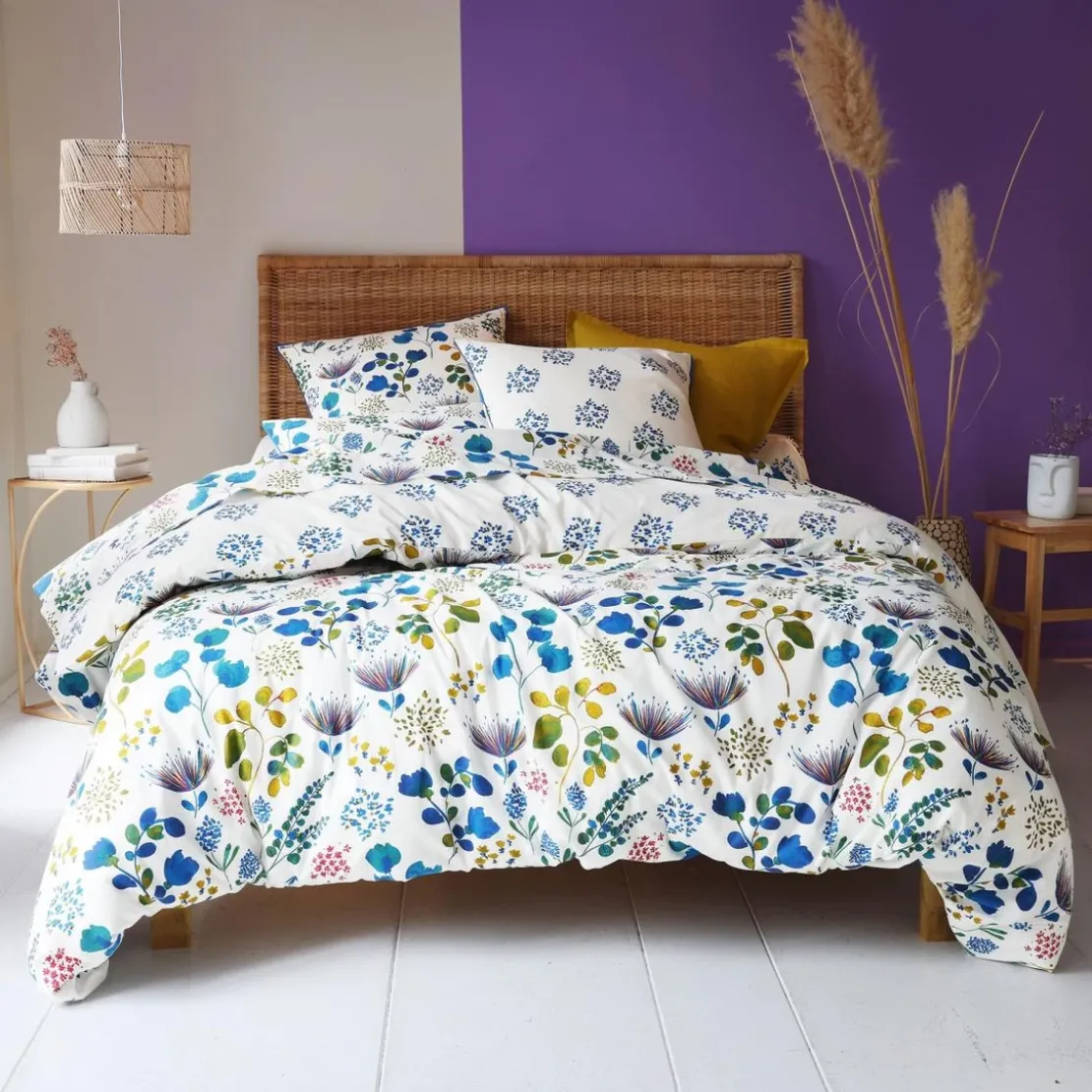 BecquetTaie de traversin en coton blanc cassé motif floral bleu - TANIA