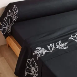 BecquetTaie de traversin en percale de coton noir à fleurs brodées - SUZON