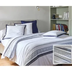 BecquetTaie de traversin en percale de coton frises brodées CUPTEA bleu marine