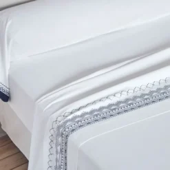 BecquetTaie de traversin en percale de coton frises brodées CUPTEA bleu marine