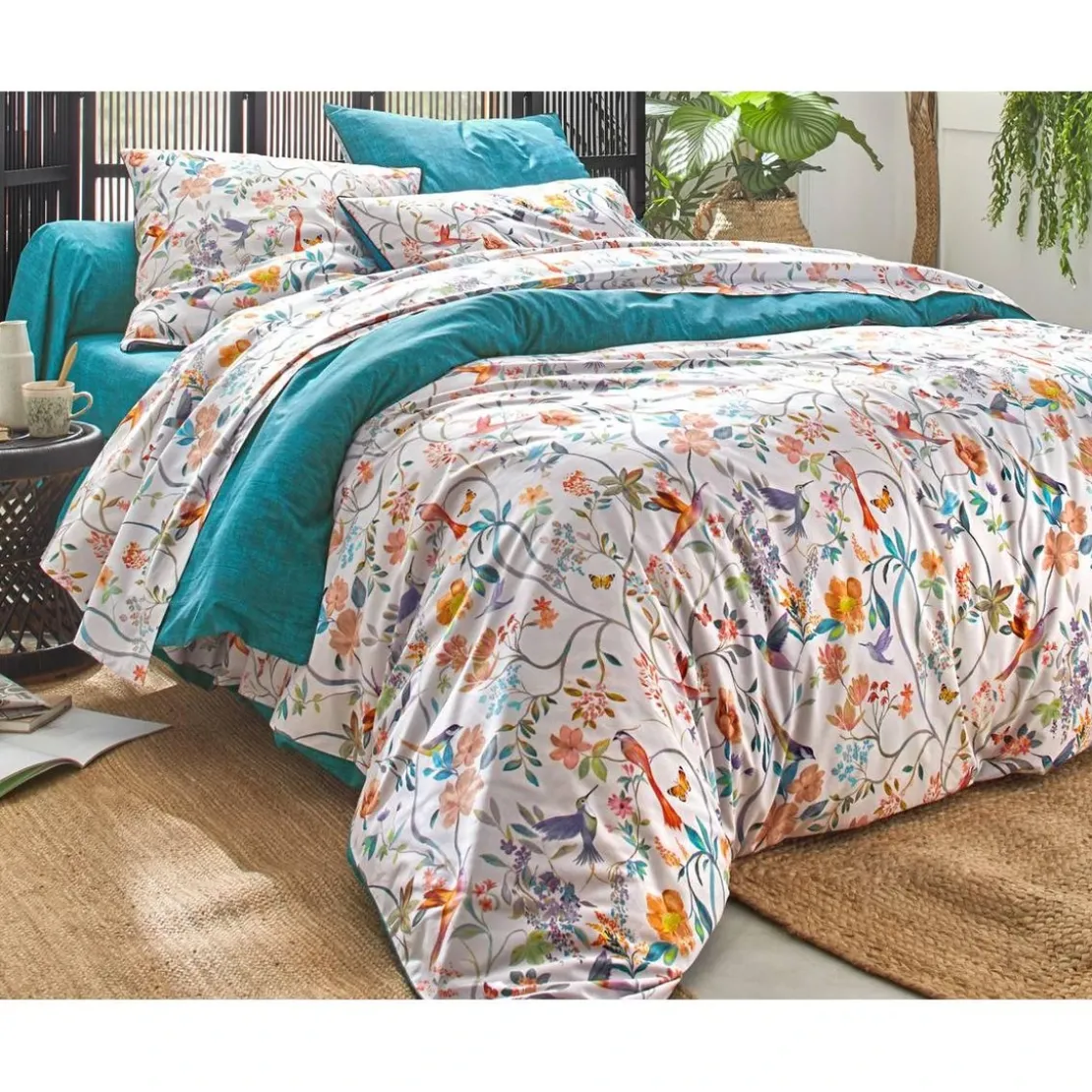 BecquetTaie de traversin en percale de coton bleu gris - COLIBRIS