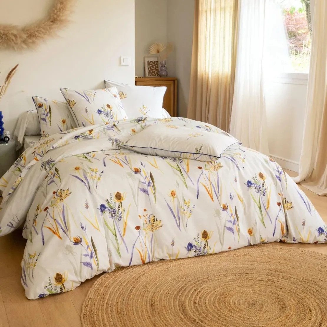 BecquetTaie de traversin en percale de coton écru à motif floral - ALBA