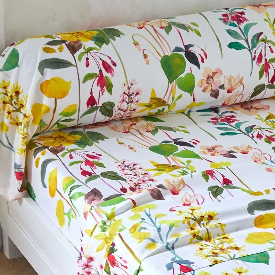 BecquetTaie de traversin à fleurs EULALY blanche en coton 43x185cm