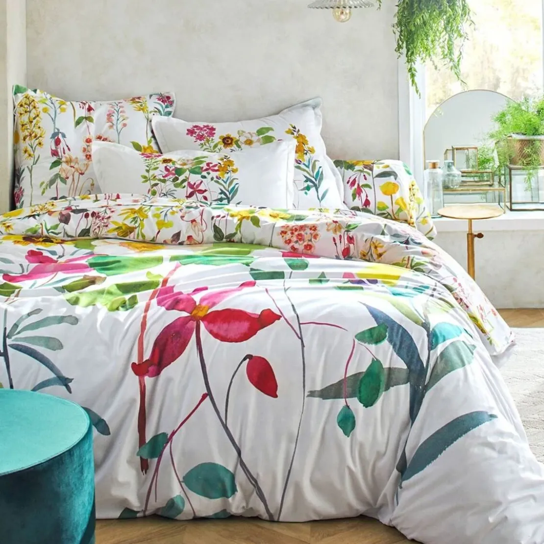 BecquetTaie de traversin à fleurs EULALY blanche en coton 43x185cm