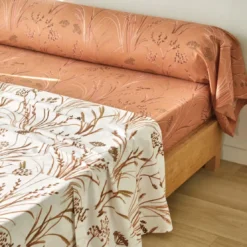BecquetTaie de traversin percale de coton terracotta motif végétal - Collection SOUFFLE DE PAILLE
