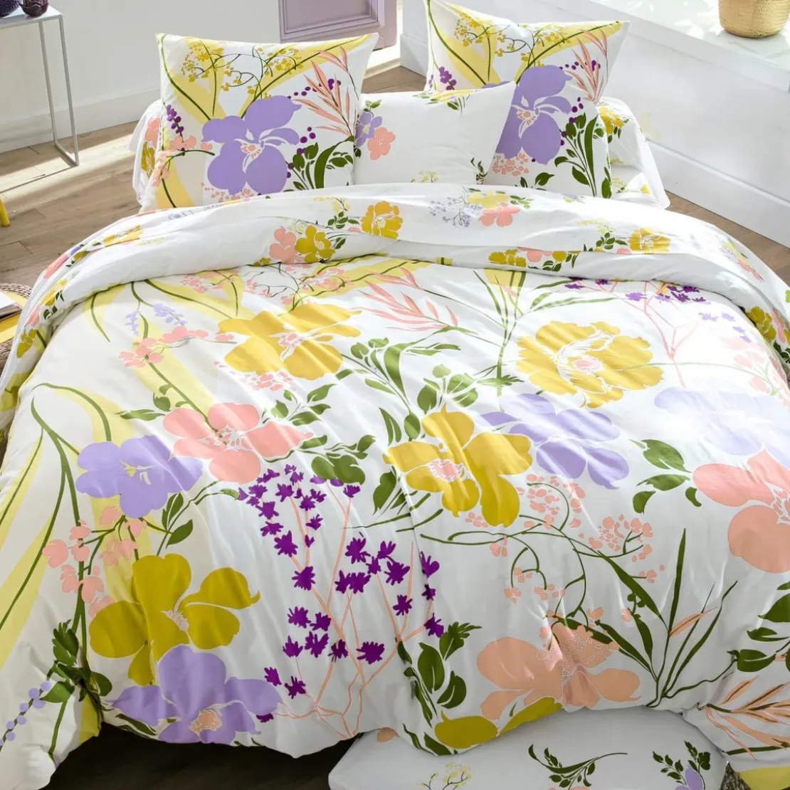 BecquetTaie d'oreiller coton blanc réversible motif floral multicolore - Collection HELLO YELLOW