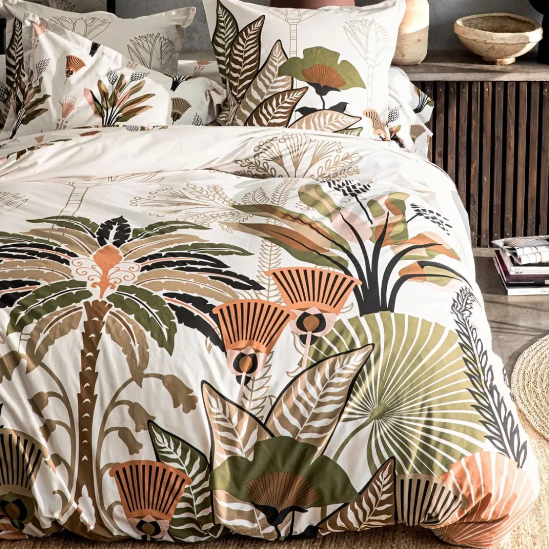 BecquetTaie d'oreiller coton réversible blanc motif tropical multicolore - Collection EGYPTIEN