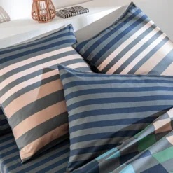 BecquetTaie d’oreiller coton bleu à rayures multicolores réversible - ANTONIN