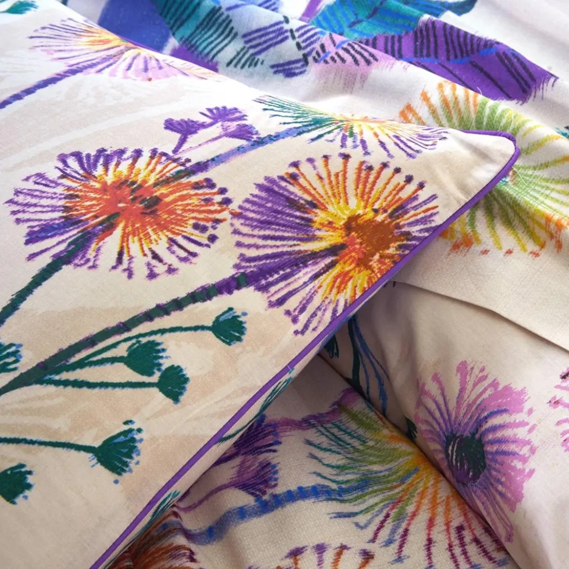 BecquetTaie d'oreiller coton beige rosé réversible motif floral multicolore - Collection IMAGINAIRE