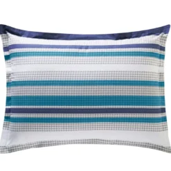 BecquetTaie d’oreiller en coton blanche à motifs cercles et rayures bleus - CAP ÉTÉ