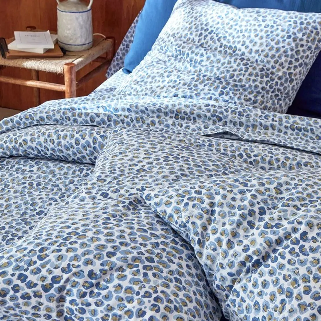 BecquetTaie d'oreiller en coton blanc à motif léopard bleu et doré - SAFARI