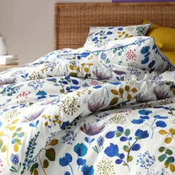 BecquetTaie d’oreiller en coton blanc motif floral bleu réversible - TANIA