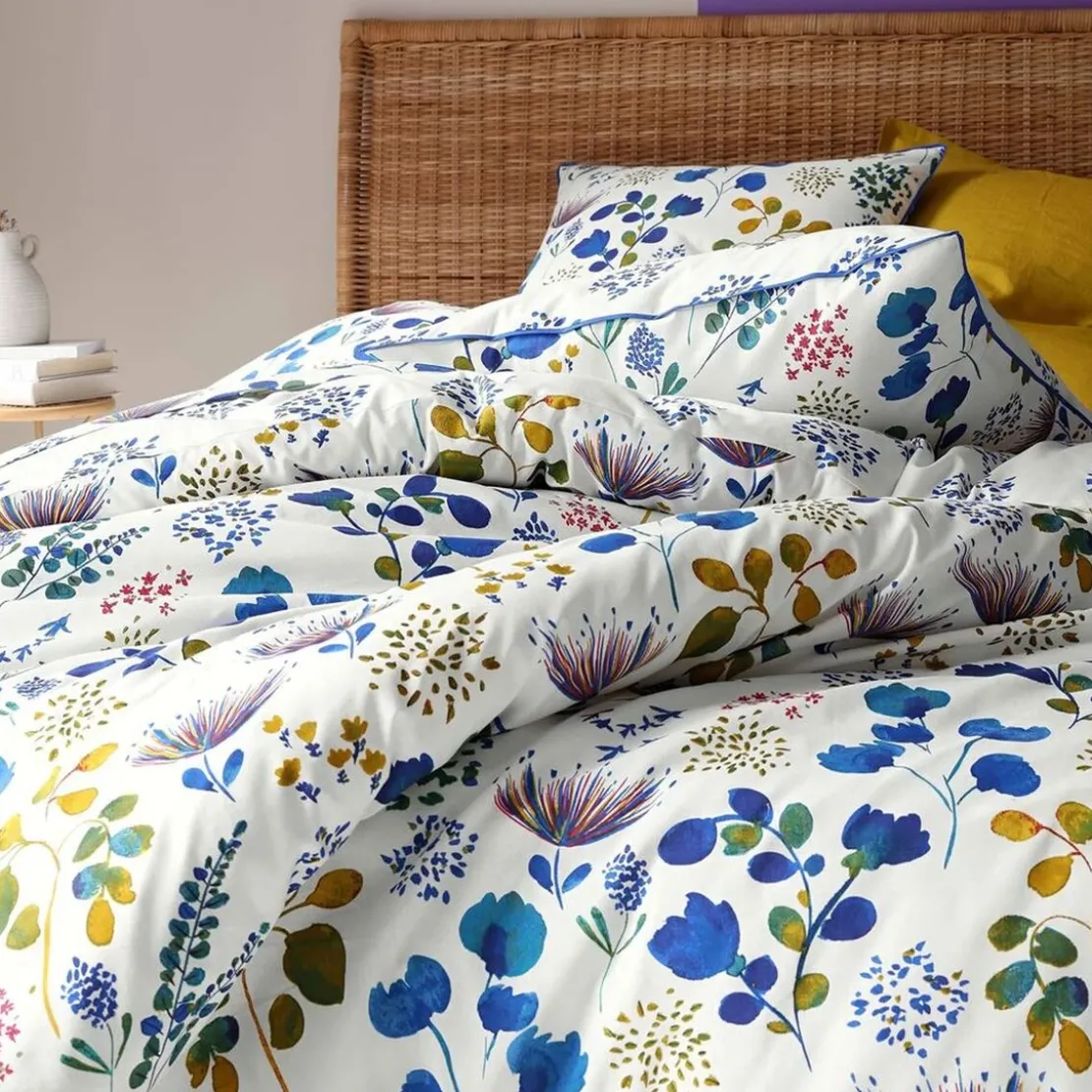 BecquetTaie d’oreiller en coton blanc motif floral bleu réversible - TANIA