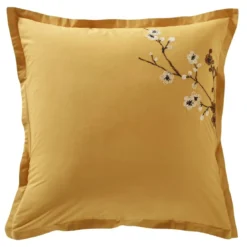 Becquet Taie d'oreiller en percale de coton jaune ocre motif brodé - ILE SACREE