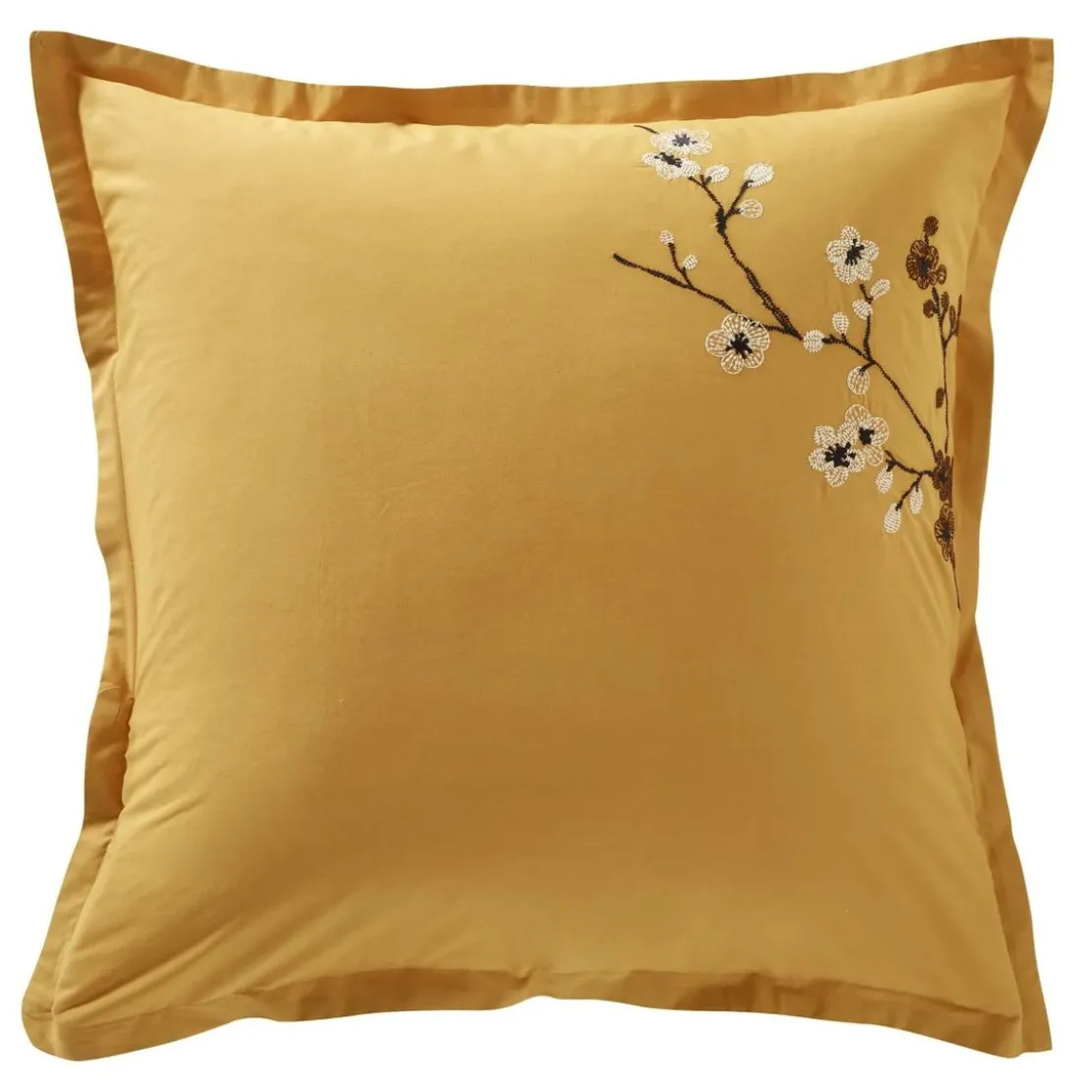 Becquet Taie d'oreiller en percale de coton jaune ocre motif brodé - ILE SACREE