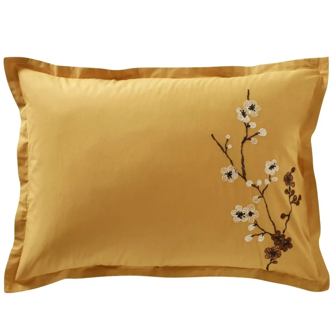 Becquet Taie d'oreiller en percale de coton jaune ocre motif brodé - ILE SACREE