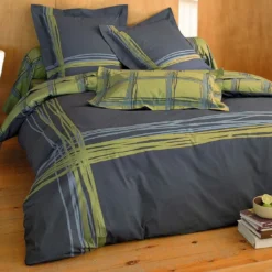 BecquetTaie d’oreiller et de traversin coton gris anthracite graphique vert amande