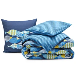 BecquetTaie d’oreiller et taie de traversin en coton bleu nuit à motifs graphiques - POISSONS