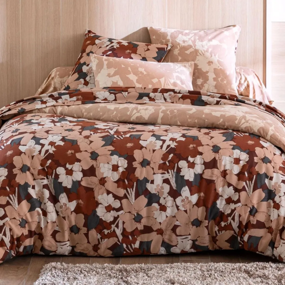 BecquetTaie d'oreiller flanelle terracotta réversible motif floral - Collection NOTE D'OR