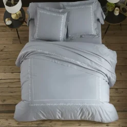 BecquetTaie d'oreiller ou de traversin en percale de coton gris à motif brodé floral - ADELE