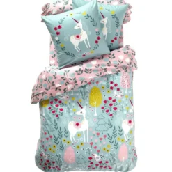 BecquetTaie d'oreiller ou de traversin enfant en coton Licorne - bleu / rose